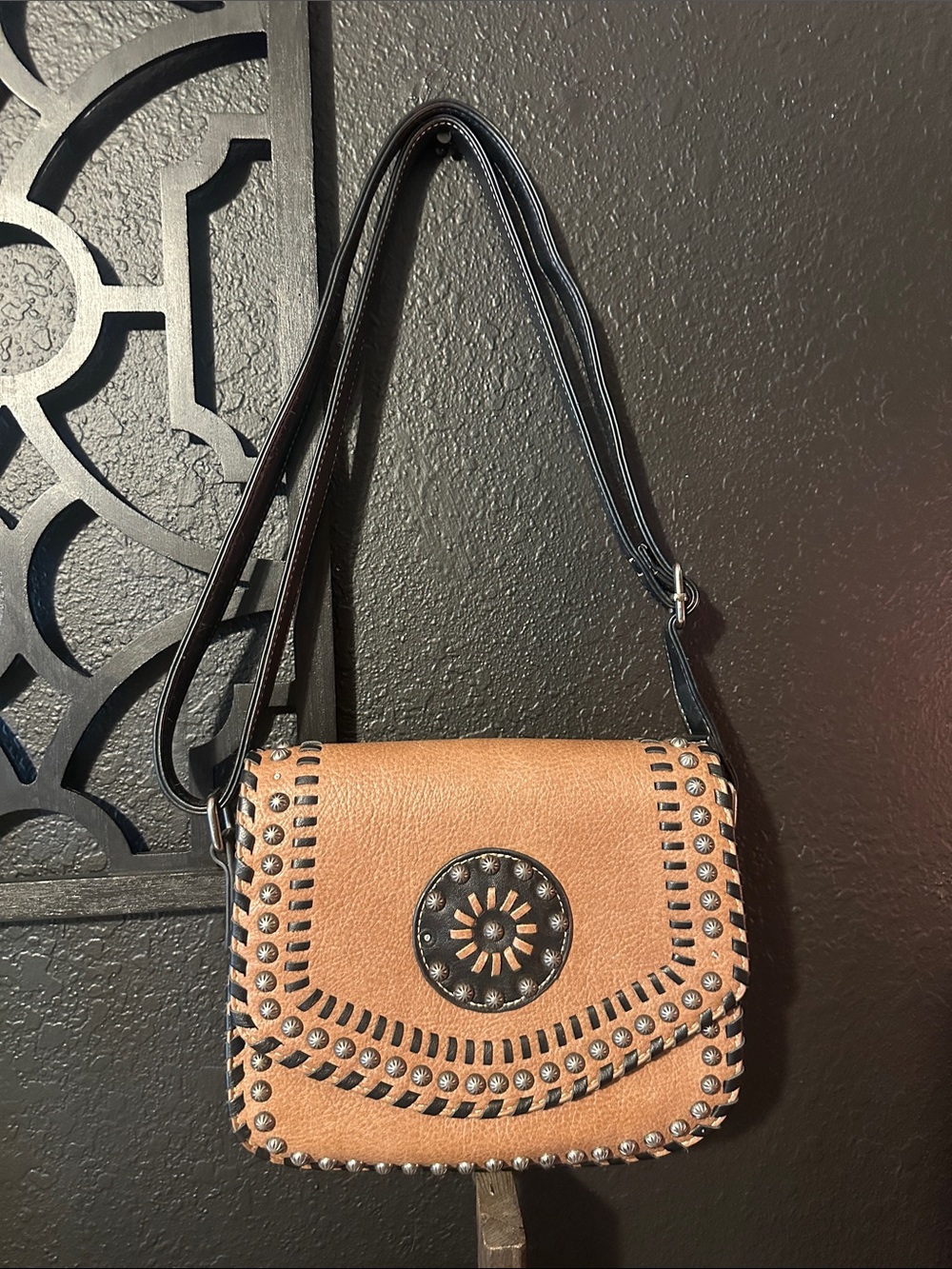 Nocona Tan and Black Studded Crossbody Bag